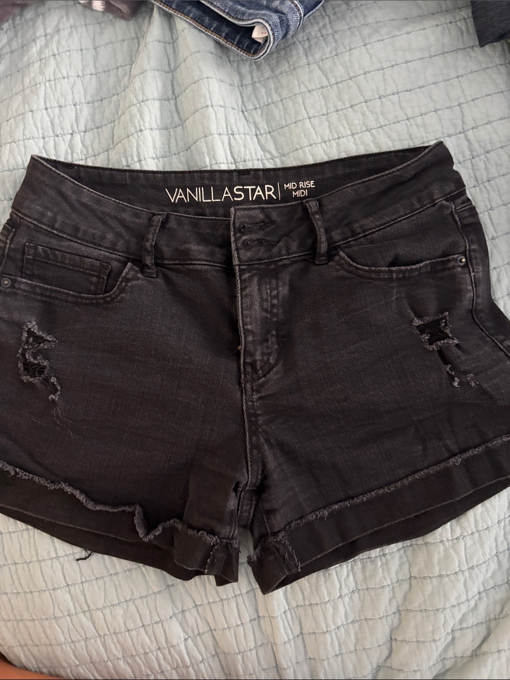 Vanilla Star Black Distressed Mid-Rise Denim Shorts